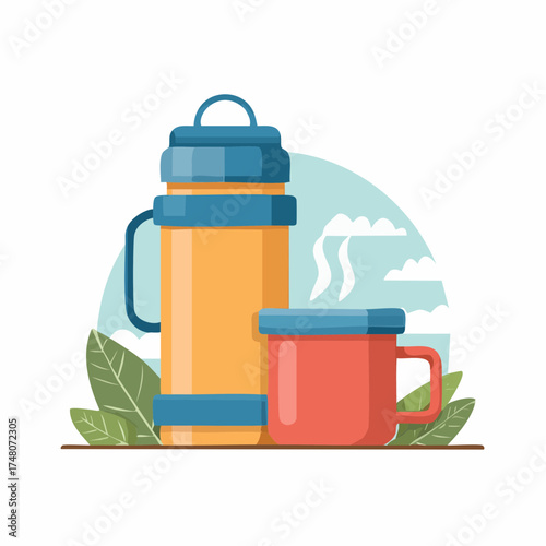A warm drink is prepared for a relaxing outdoor experience. Camping vectors.