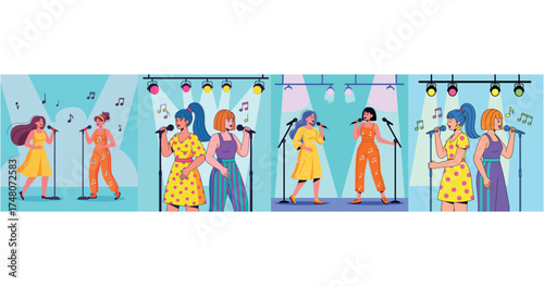 Four scenes show two women singing on stage with microphones under spotlights, creating a vibrant performance.
