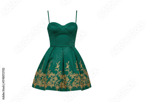 Isolated green sleeveless mini dress with gold floral trim on skirt, casual summer party outfit