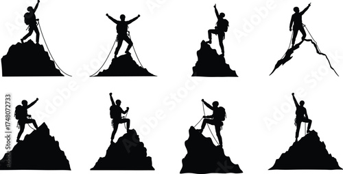 Mountain climber silhouettes, hiking poses, adventure icons, black vector climbers, peak achievement, rope gear, outdoor challenge, summit success, graphic illustration