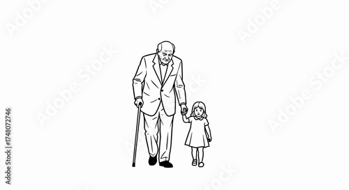 An elderly man walking with his granddaughter holding hands in a simple illustration