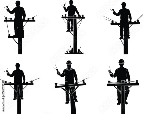 Utility workers on poles, electrical maintenance silhouettes, linemen with tools, safety gear, black vector icons, power line repair, occupational graphic