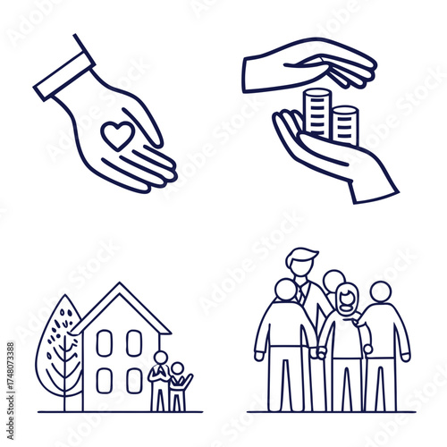 Icons depicting charity with hands heart money house family and community support and giving help concept