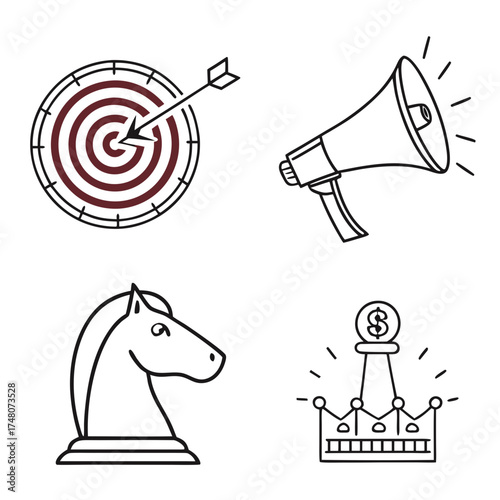 Four icons depicting a target with arrow, megaphone, chess knight, and a crown with dollar sign