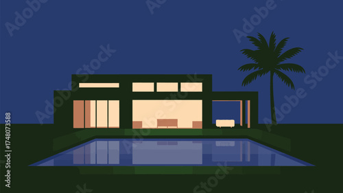 Illustration of a modern house with a pool and a palm tree at night with lights on inside the house