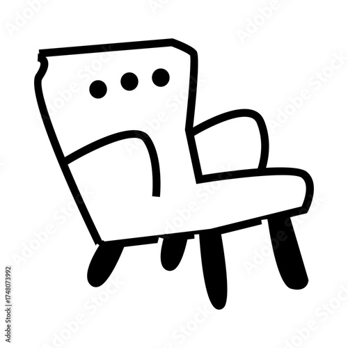 Simple line drawing of an armchair with three dots on the backrest, representing comfort and interior decor.