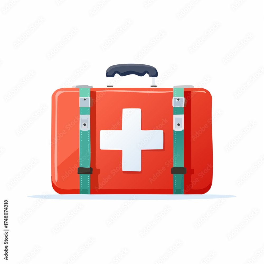 Fototapeta premium A bright red first aid kit with a white cross emblem, ready for emergencies. Camping vectors.