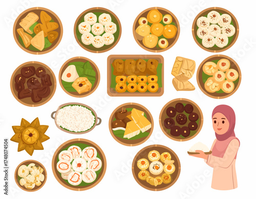 Flat lay illustration of various traditional Middle Eastern desserts and sweets with a woman in a pink hijab presenting a dessert on a white background with warm and inviting colors.