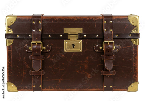 Isolated vintage brown leather trunk with brass fittings and straps for storage or travel