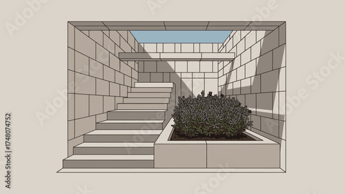 Architectural rendering of a courtyard with stairs and a planter box under an open sky light