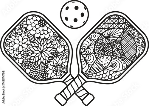 Intricate black and white illustration of two crossed pickleball paddles with a ball above them, decorated with zentangle and mandala floral patterns for coloring pages, sports-themed designs, and cr
