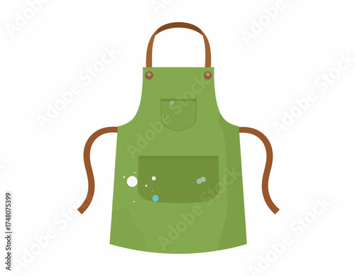 A green apron with brown straps and a pocket against a white background, featuring a simple graphic design.
