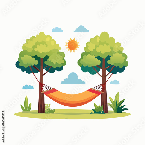 A vibrant illustration depicts a hammock suspended between two trees under a sunny sky.