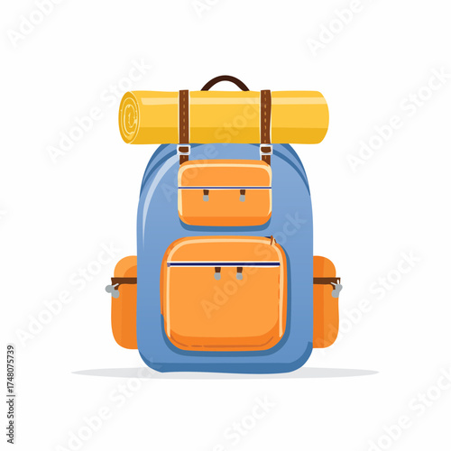Illustration of a blue backpack with orange pockets and a yellow rolled mat secured on top.