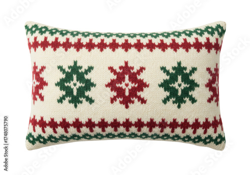 Isolated knitted cushion, red green pattern, Nordic design, fair isle holiday pillow cover