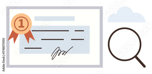 Certificate featuring a ribbon and signature alongside a magnifying glass and cloud. Ideal for recognition, achievement, validation, certification, success, education, and reliability concepts. A