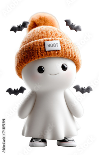 Adorable 3D ghost wearing an orange knit hat and sneakers, surrounded by little bats. 