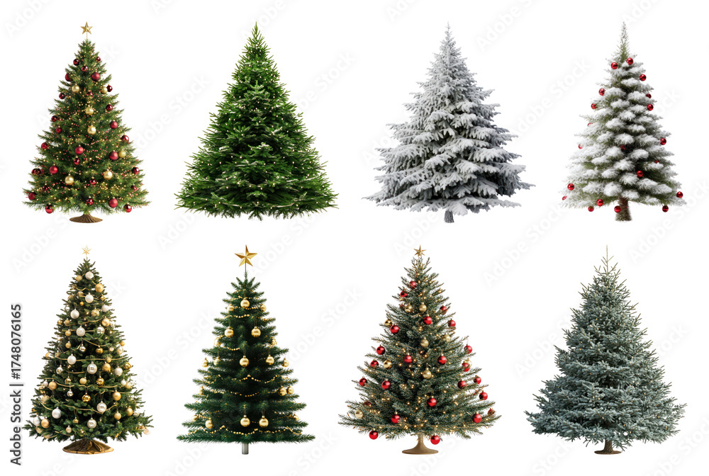 Obraz premium PNG Variety of decorated Christmas trees, element set on transparent background