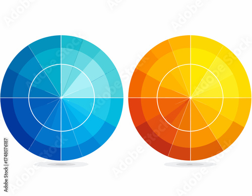 Two color wheels with gradient shades on a white background, showcasing a range of hues and tones.