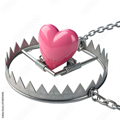 Heart in a Trap: A glossy pink heart rests vulnerably within a menacing steel trap, symbolizing the challenges and risks of love and relationships.