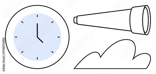 Clock, telescope, and cloud represent time management, exploration, and vision. Ideal for planning, observation, productivity, focus forecasting innovation simple flat metaphor