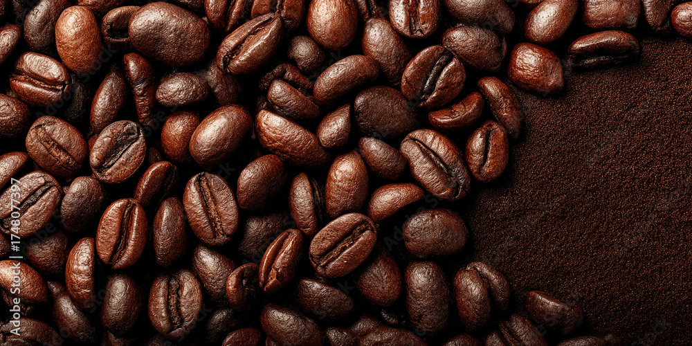 Fototapeta premium Coffee beans and ground powder in warm brown tones macro closeup - AI generated