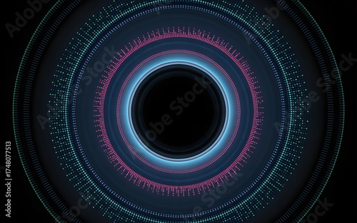 Abstract circular graphic design with vibrant colors and a dark background, resembling a technological interface or a portal