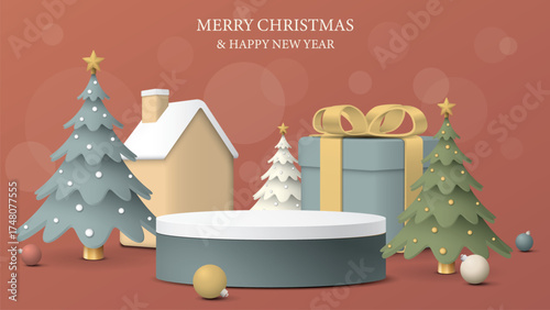 Blank rounded podium with 3D miniature model of christmas elements pastel colors graphic illustration.