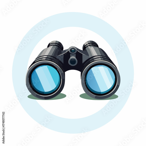 Illustration of a black pair of binoculars with blue lenses, inside a light blue circle.