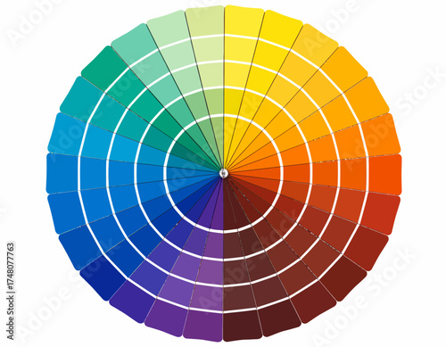 Colorful circular color wheel chart with white grid lines on a plain white background for graphic design and color theory applications.