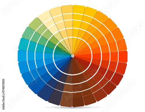 A color wheel with various shades and hues arranged in a circular pattern against a clean white background.