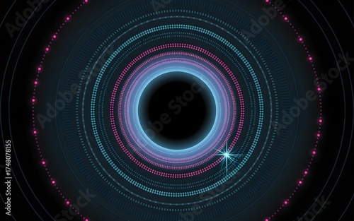 An abstract, digitally created illustration of a geometric circular design with glowing rings and a black center, evoking a sense of depth and cosmic mystery