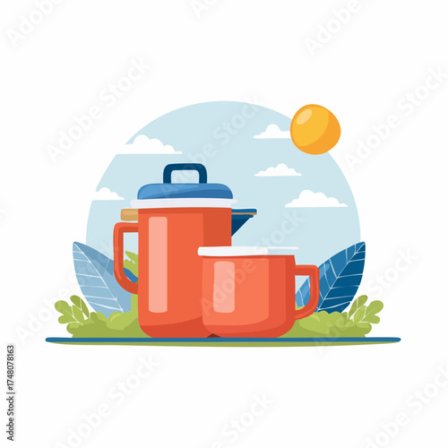 A red enameled coffee pot and mug sit outdoors against a backdrop of sky, sun, and foliage.