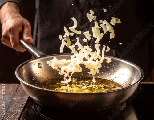 Cooking onions in a frying pan with olive oil and steam rising