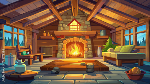 Very beautiful cozy cabin interior featuring a stone fireplace with glowing embers, vector-style illustration showcasing inviting warmth and natural wooden textures.