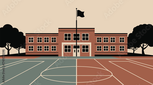 A cartoon style building with a flag on top and a basketball court in front of the building view image