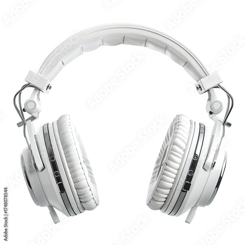 Audio device white headphones monitor sound equipment gear isolated transparent background product in clear view with natural colors and sharp focus on a plain background. Simple clean style for stock