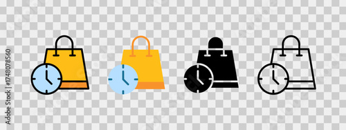 Shopping bag icons with clocks representing limited-time sales offers, suitable for retail promotions.