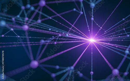 Abstract view of a network of interconnected points with a bright light shining in the center, representing complex connections