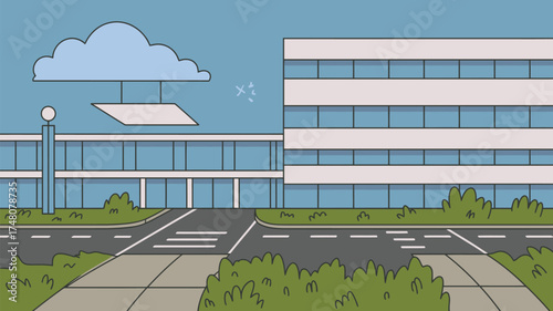 Cartoon illustration of a modern office building with cloud and street on a sunny day scene view