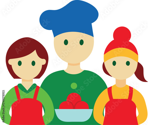 Three people in colorful aprons and chef hat holding bowl of red fruit generations family reunion