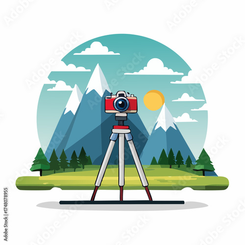 A camera on a tripod stands in a field with snowy mountains, trees, clouds, and a sun in the background.