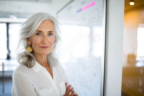 Confident Mature Woman in Office Setting Posing with Whiteboard. Free Download Confident Mature Woman in Office Setting Posing with Whiteboard. - GFXLoad