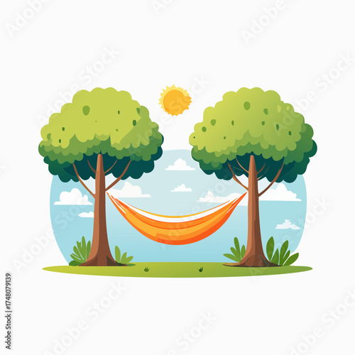 A vibrant illustration depicts a hammock strung between two trees under a bright sun.
