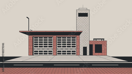 Illustration of a fire station with two garage doors and a brick tower against a neutral background