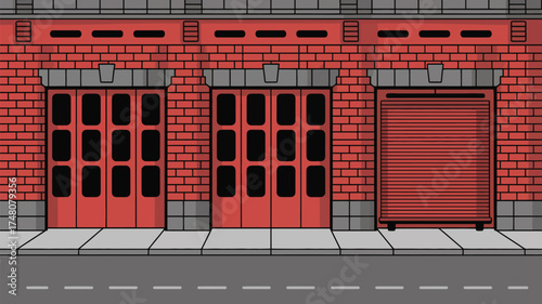 A cartoon brick building facade with three doors, two open and one closed with a rolling shutter door