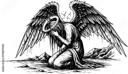 Fallen angel engraving. Gothic sorrow in stylized etching.
