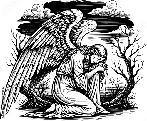 Fallen angel engraving. Gothic sorrow in stylized etching.
