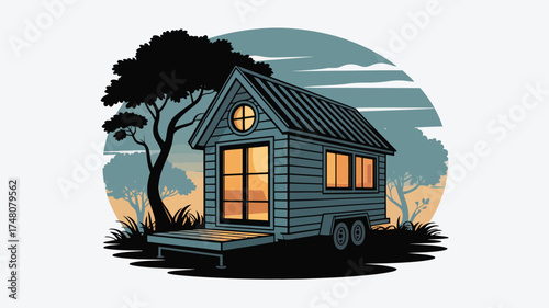Illustration of a tiny house on wheels with trees and a cloudy sky in the background scene