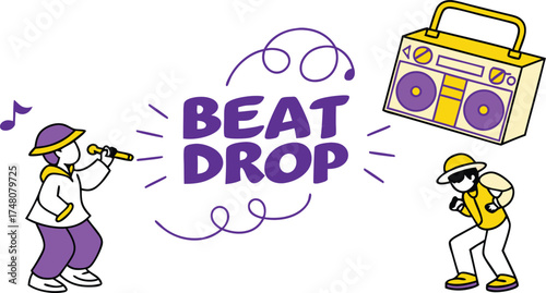 Dynamic hip hop duo performing live with boombox, Beat Drop style, celebrating urban culture and modern music trends, original vector art